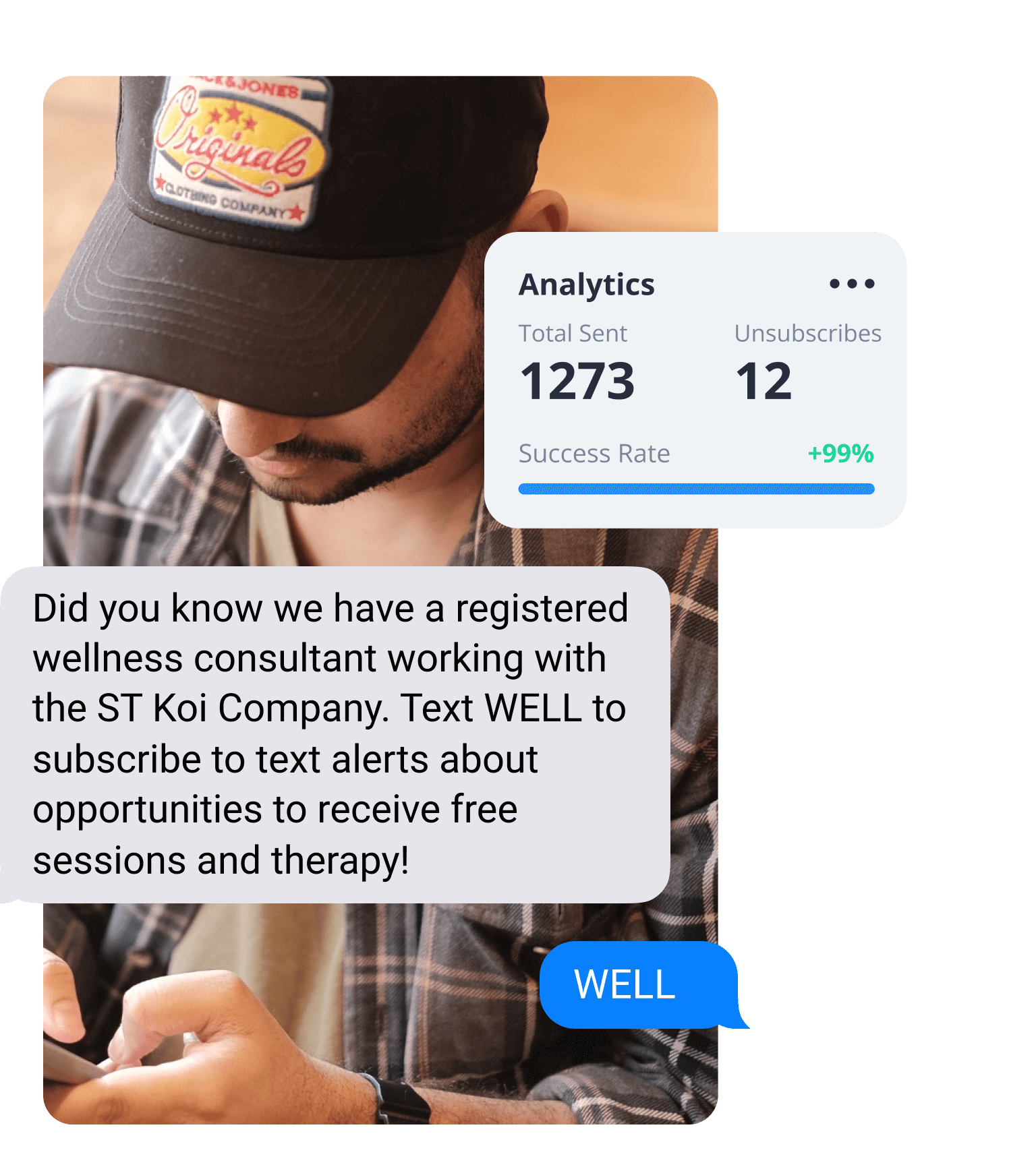 Man looking at his phone with a screenshot of