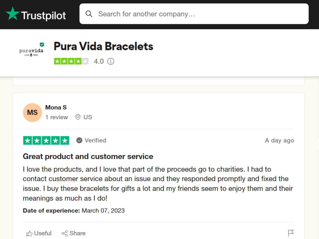 TrustPilot reviews for an e-commerce store