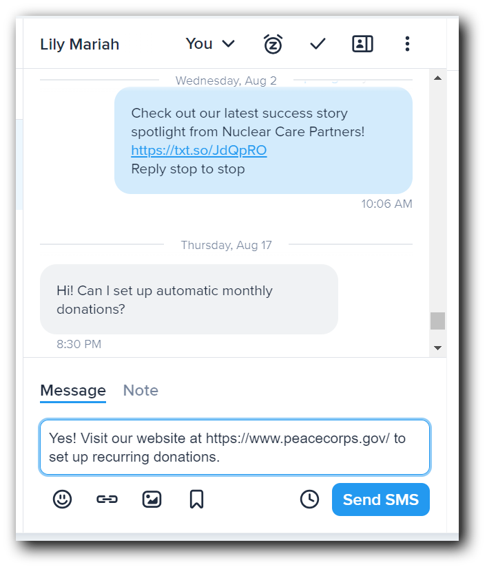 Texting donation links from the inbox