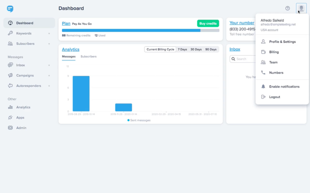 SimpleTexting's main account screen