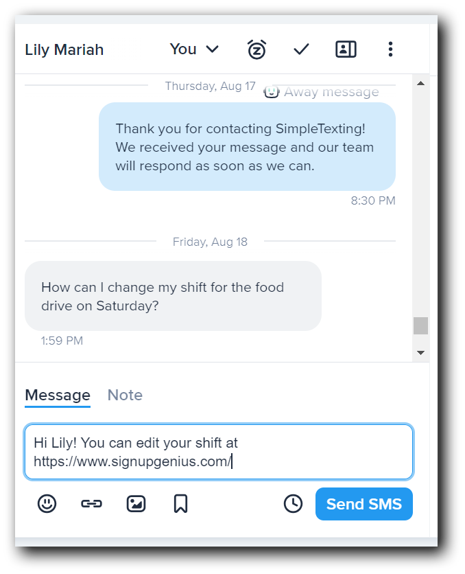 Responding to a one-on-one volunteer texting in the inbox
