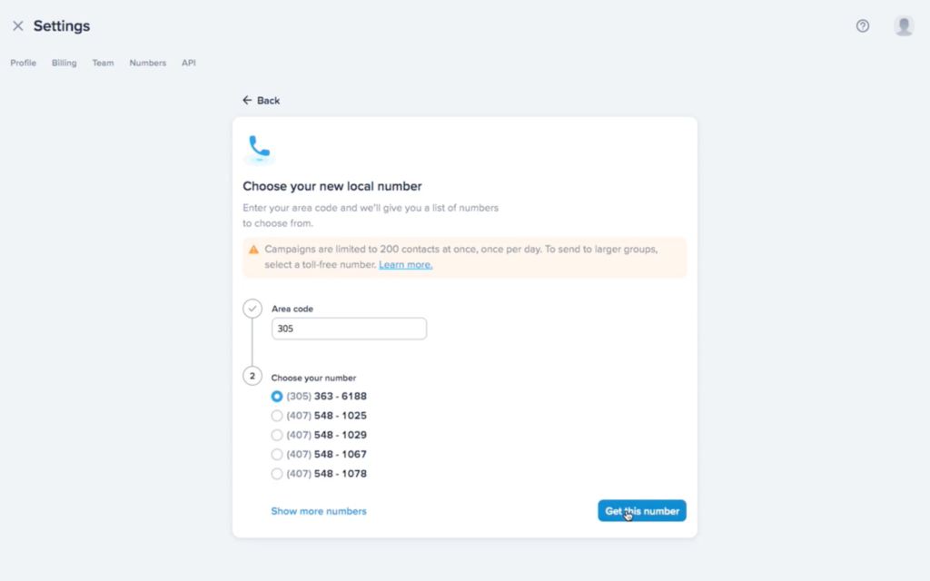 Choosing a new local phone number