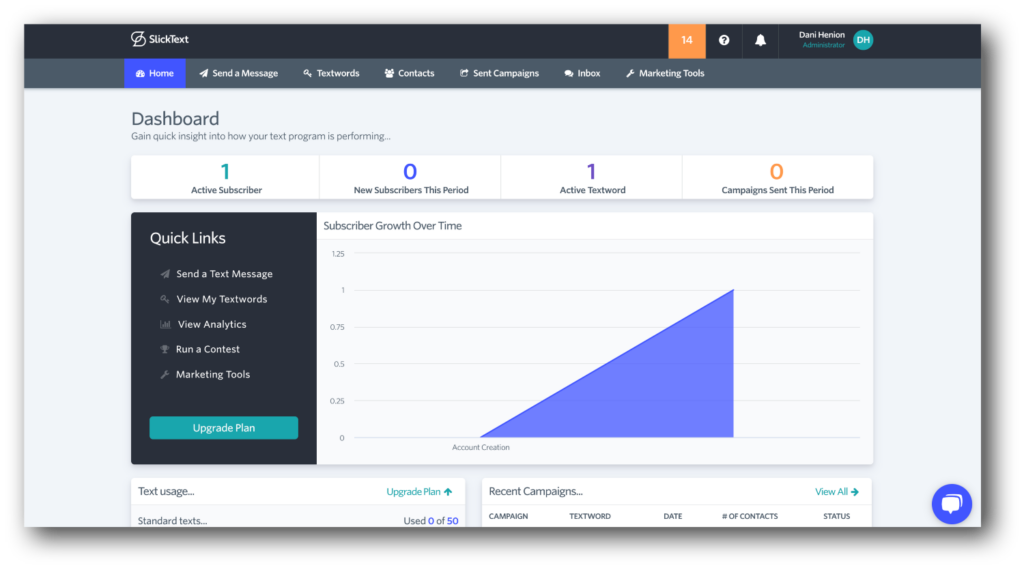 A look at the home tab in SlickText