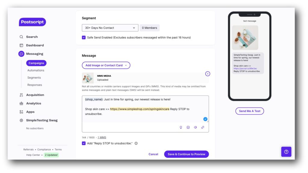 A view of Postscript's campaigns tab