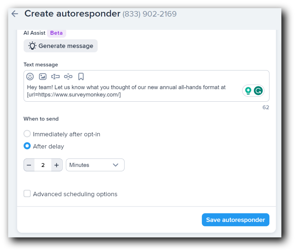 Scheduling an employee communication texting autoresponder