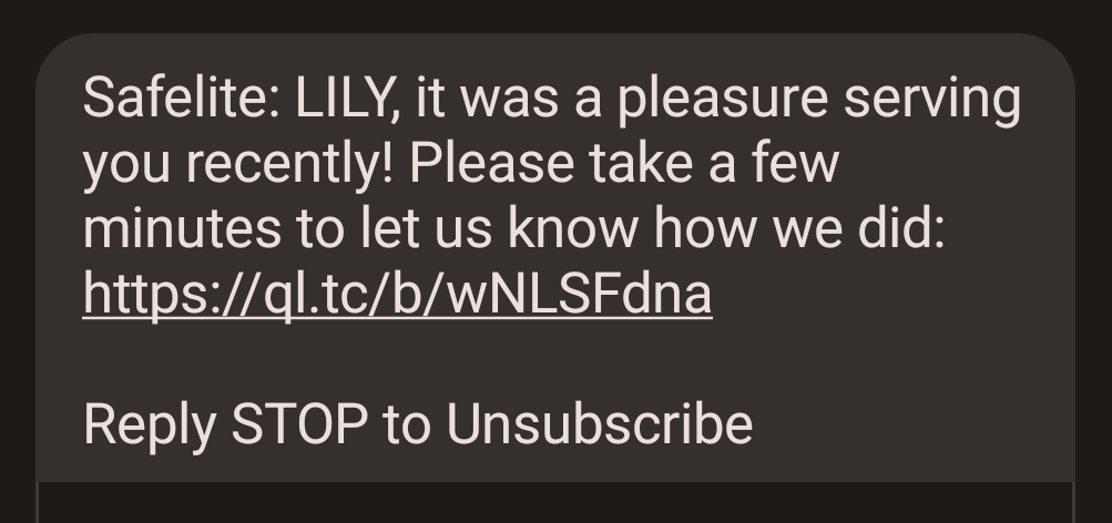 A Safelite SMS message asking for feedback