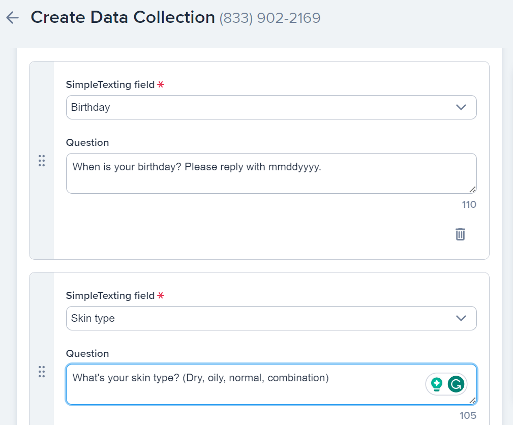 A screenshot of SimpleTexting software that displays a "Question" custom field that says, "When is your birthday? Please reply with mmddyy."