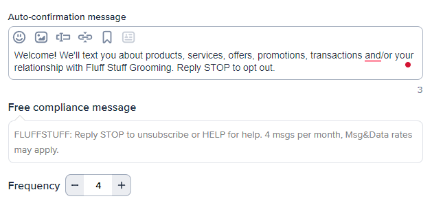 Another section of SimpleTexting’s New keyword menu, featuring the auto-confirmation message, free compliance message, and frequency fields.