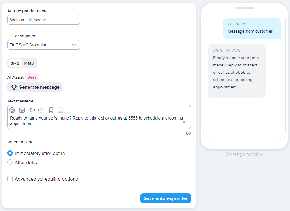 The Autoresponder menu in SimpleTexting, featuring fields for the autoresponder name, the list to target, SMS or MMS formatting, AI writing assistance, the content of your text message, and scheduling options, plus a preview of the autoresponder in a text conversation.