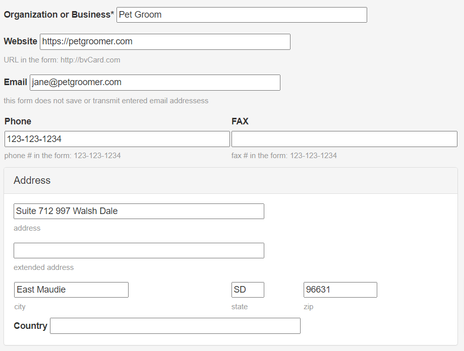 bVcard.com form to create a vCard