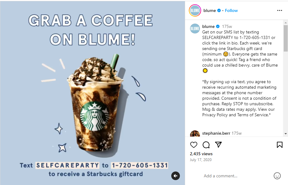 An Instagram post by Blume with an image of a Starbucks drink with text announcing a giveaway. The caption text shares details about that giveaway and includes compliance-related information.
