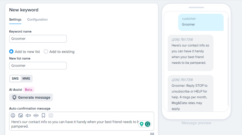 Screenshot of creating an SMS keyword in SimpleTexting's texting platform
