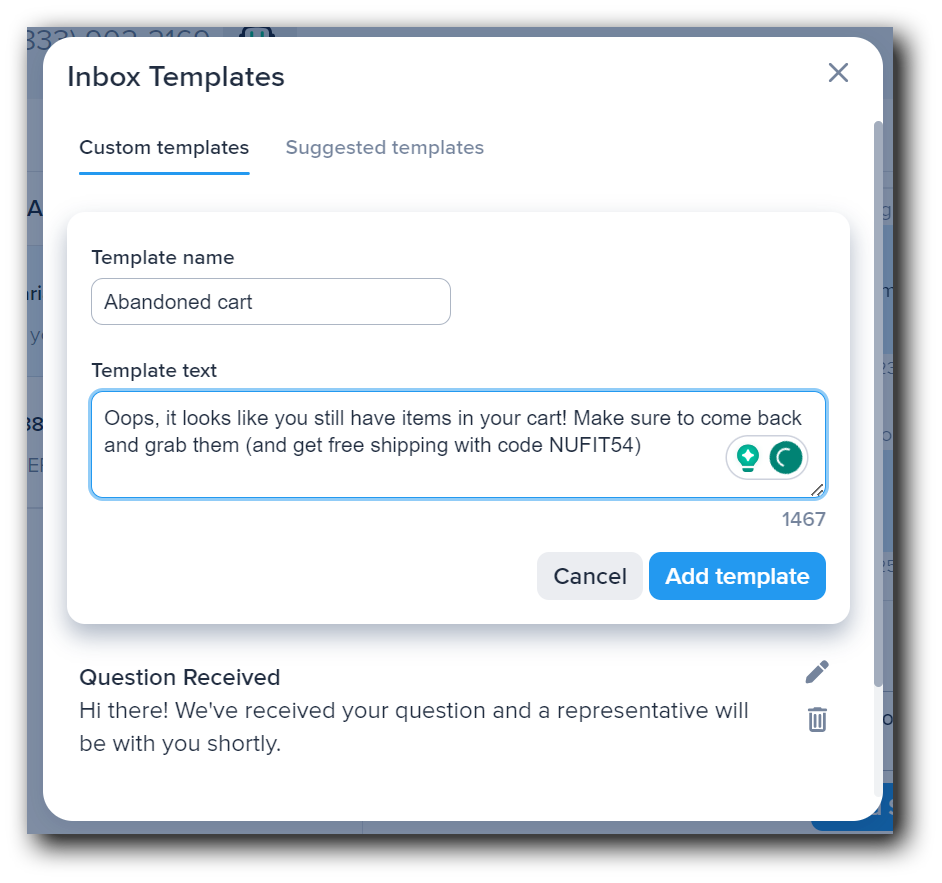 An abandoned cart message template in SimpleTexting.