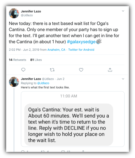 A text reads, "Oga's Cantina: Your est. wait is about 60 minutes. We'll send you a text when it's time to return to the line. Reply with DECLINE if you no longer wish to hold your place on the wait list."