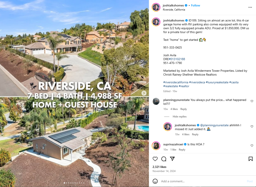 An Instagram post from realtor Josh Avila featuring a home listing and a prompt to text a keyword to learn more.