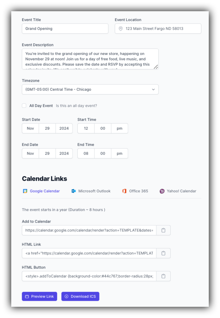 screenshot of Labnol's calendar link and ics file creator tool