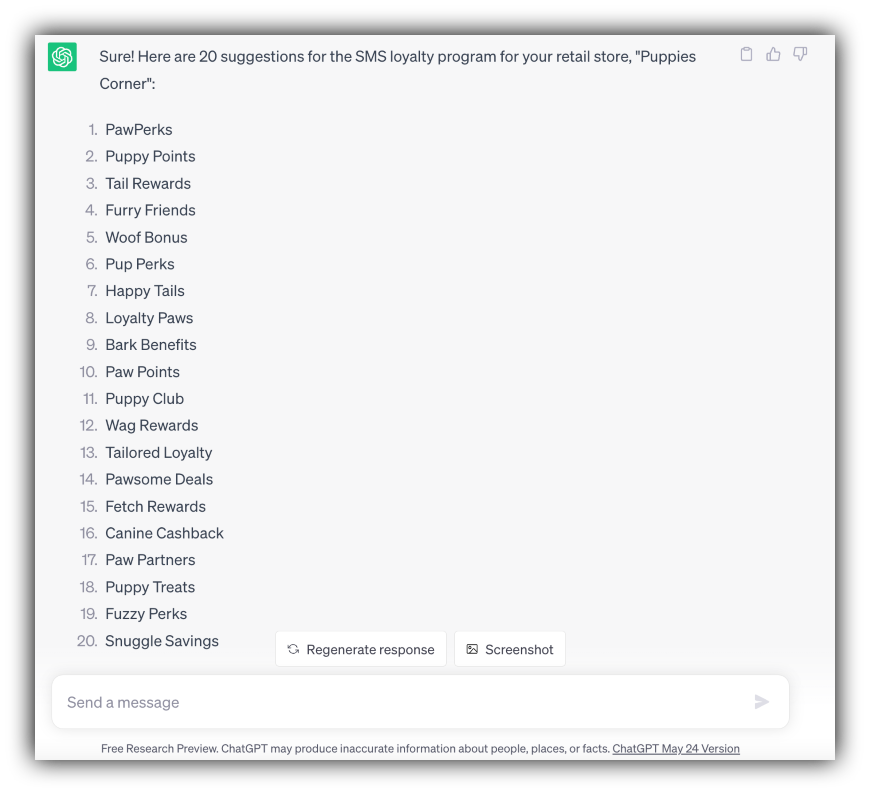 Loyalty program names supplied by ChatGPT