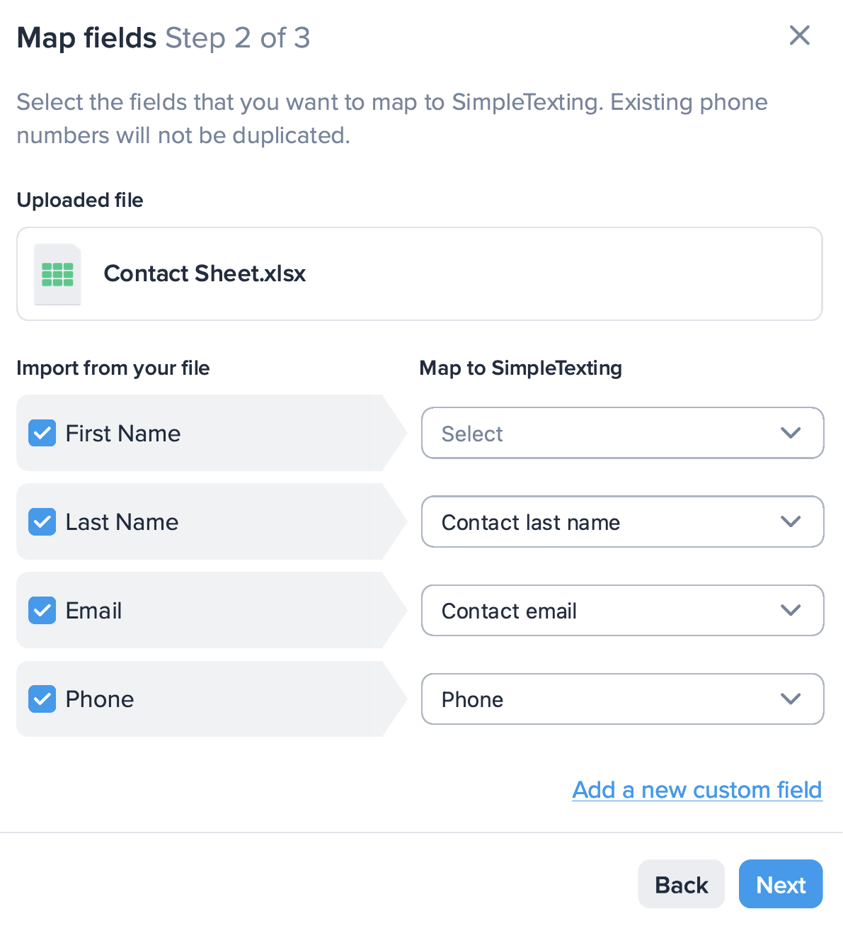 mapping custom fields to contacts in SimpleTexting