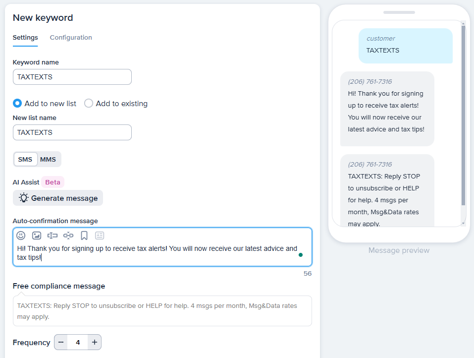 SimpleTexting's New keyword menu