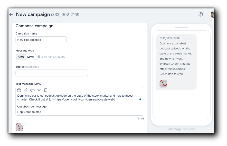 How an image looks when attached to an MMS campaign