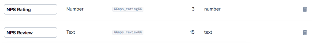 NPS fields used for customer feedback