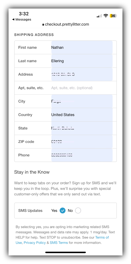 Screenshot of Pretty Litter's checkout screen with "SMS signup" option selected