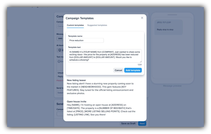 Real estate text message scripts in SimpleTexting's campaign templates tool