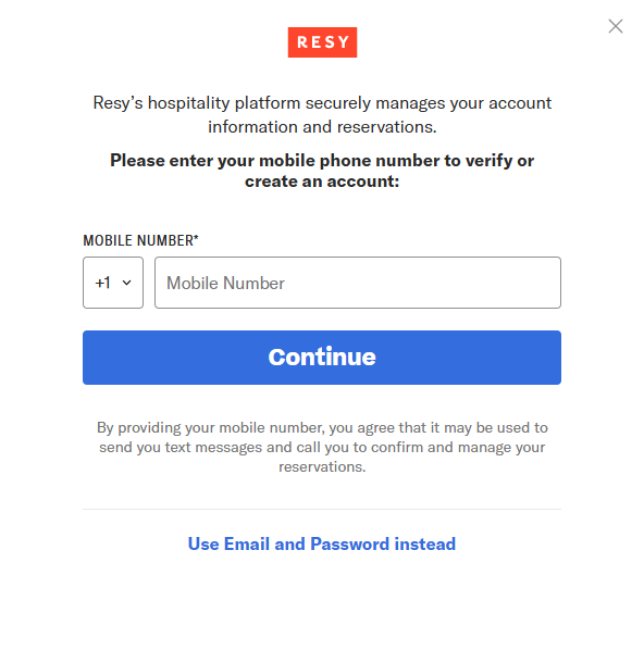 Resy's sign-up window with a prompt to add your mobile number to continue.
