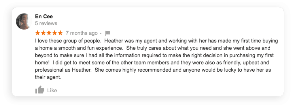 An example of a customer review that mentions great service