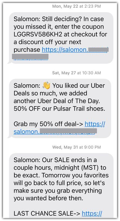 A post-purchase SMS drip campaign from retailer Salomon