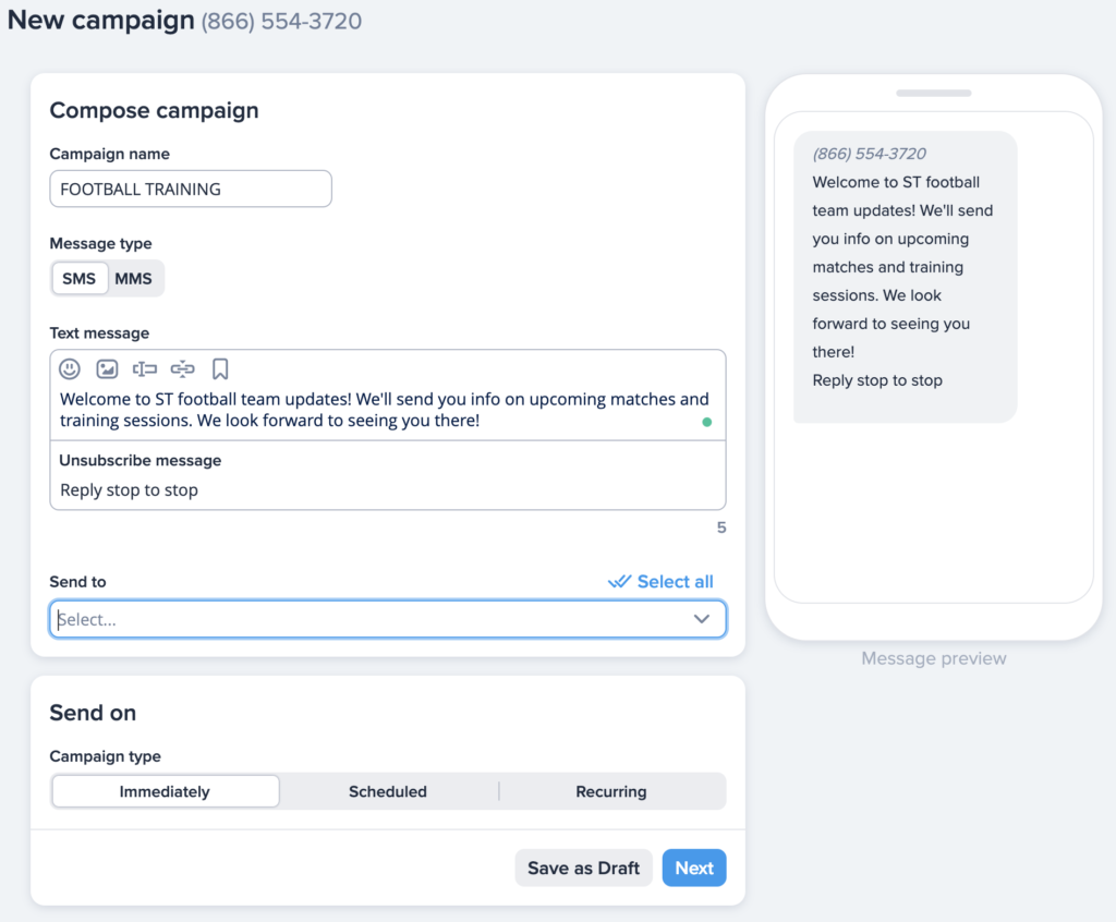 Screenshot of sports team messaging app