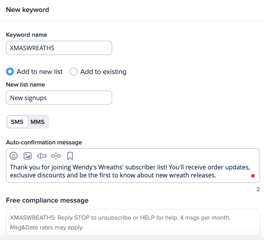 screenshot of wendy's wreaths keyword signup text
