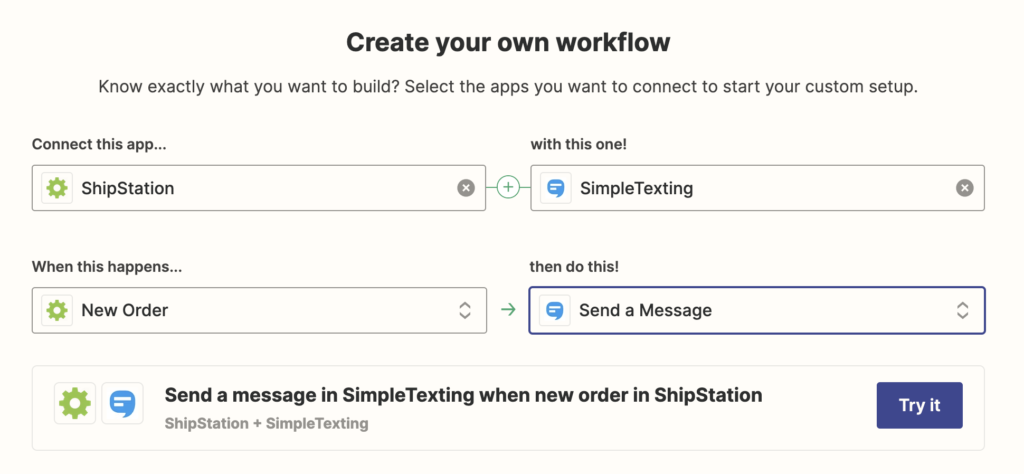 create your workflow zapier screenshot of shipstation and simpletexting zap