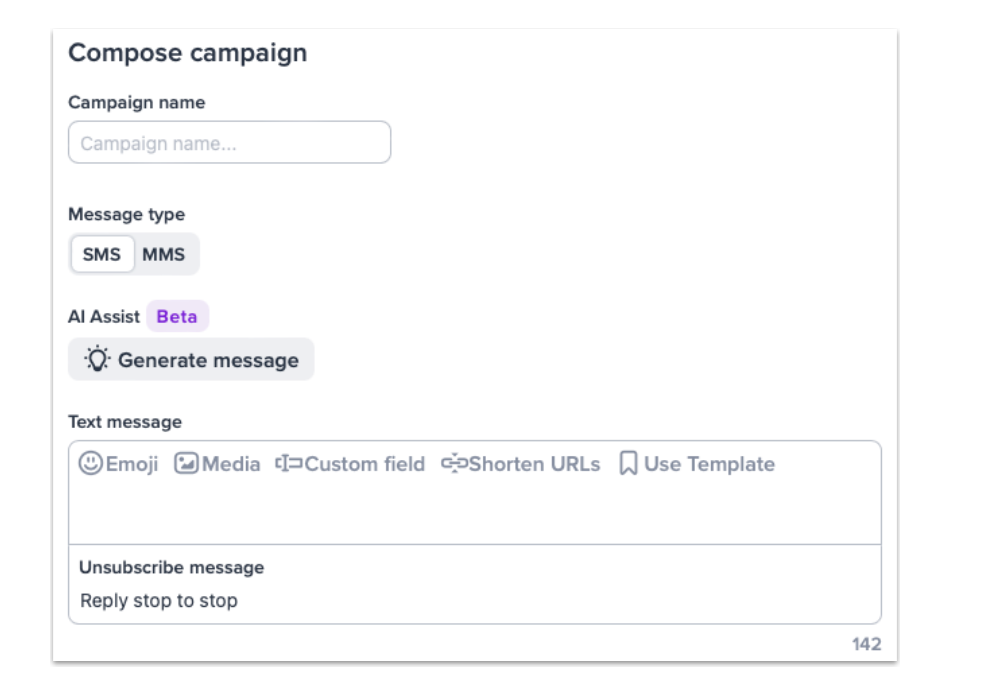 screenshot of SimpleTexting's SMS AI campaign writing tool