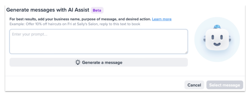 screenshot of SimpleTexting's SMS AI campaign writing tool prompt section