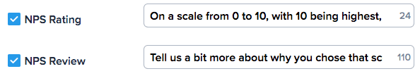 Custom NPS questions used for feedback