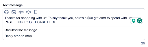 Screenshot of the text message box including a message and a gift card link