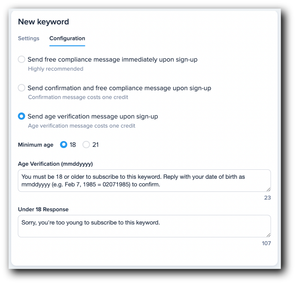 Screenshot of the configuration functionality in SimpleTexting.