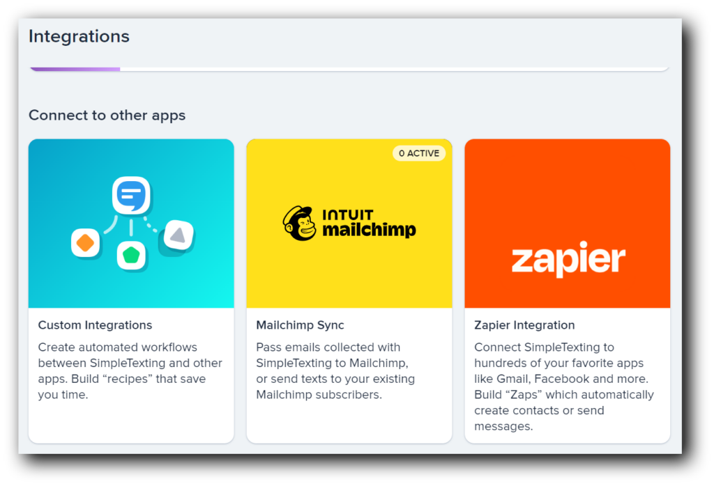 The SimpleTexting integration menu