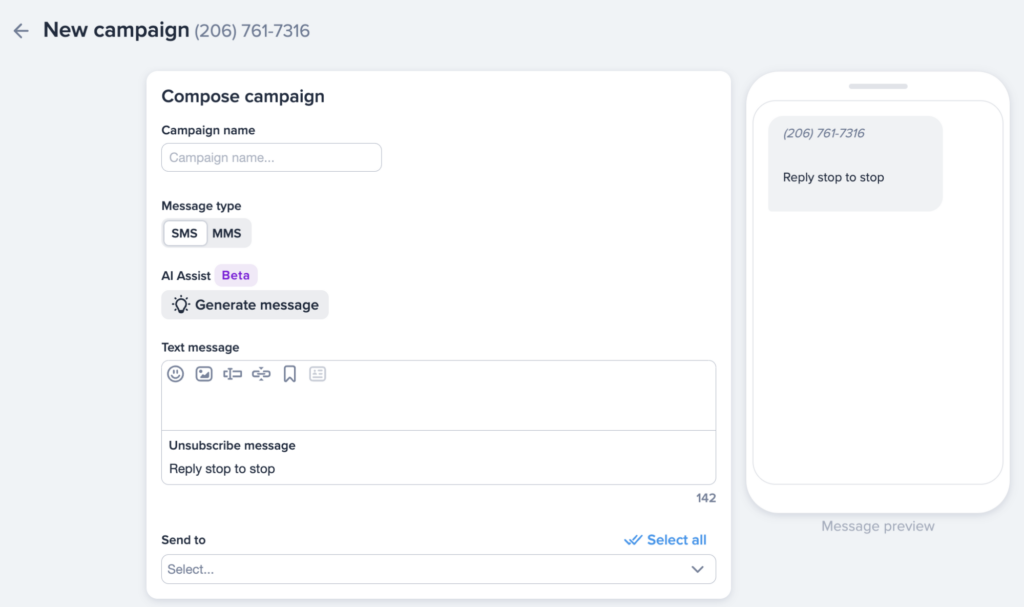 screenshot of creating a new campaign in simpletexting