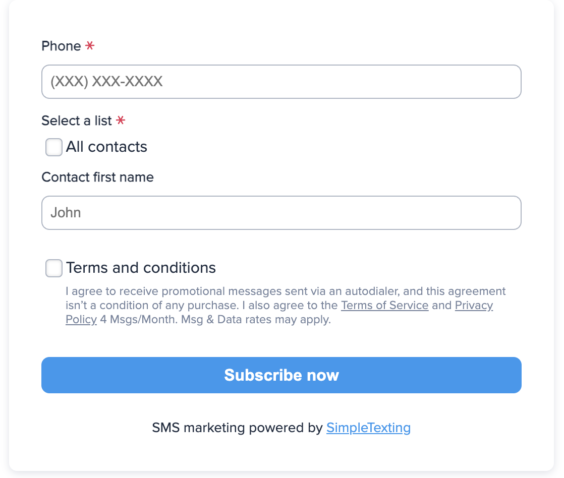 Screenshot of SimpleTexting's web form for contacts to opt in to your text list, which includes disclaimer and links to privacy policy and terms and conditions