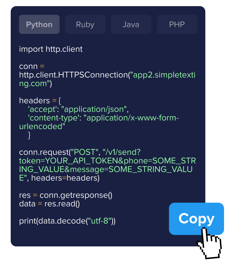 Graphic showing snippet of SimpleTexting's SMS API documentation