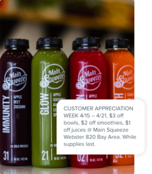 A broadcast text message next to an image of a juice product