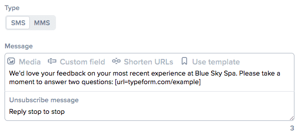 Example of sending out a text containing the NPS survey