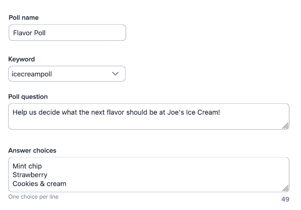 Poll setup within SimpleTexting’s text-to-vote feature