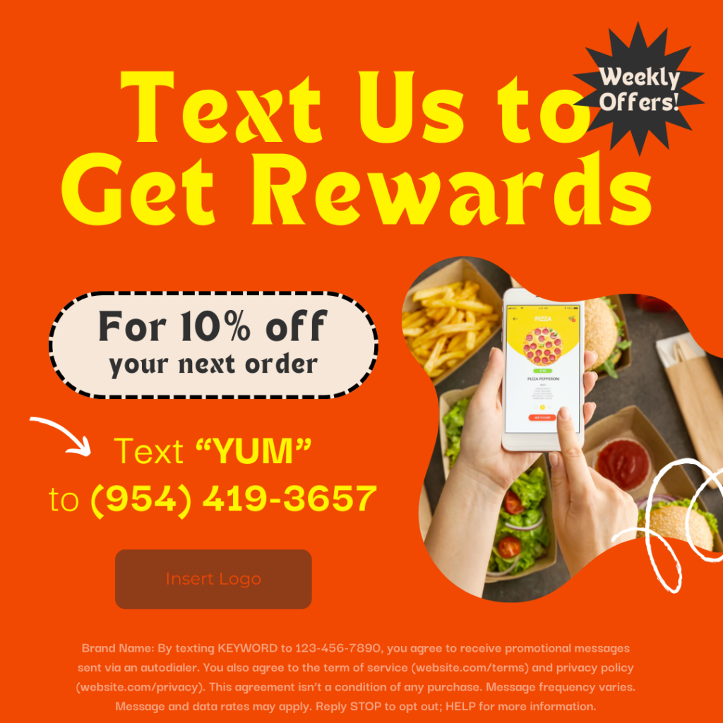 A social media ad reads, "Text us to get rewards" and includes a disclaimer to get express written consent to ensure SMS compliance